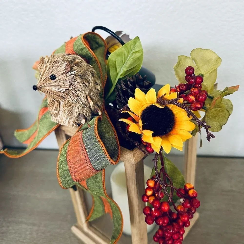 Fall Autumn Woodland Hedgehog Floral Battery Candle Lantern Decor